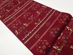 横段に鳥・抽象・幾何学模様織出し名古屋帯